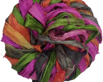 Recycled Sari Silk Ribbon Yarn: Mixed Color Silk Strips, 25+ Yards
