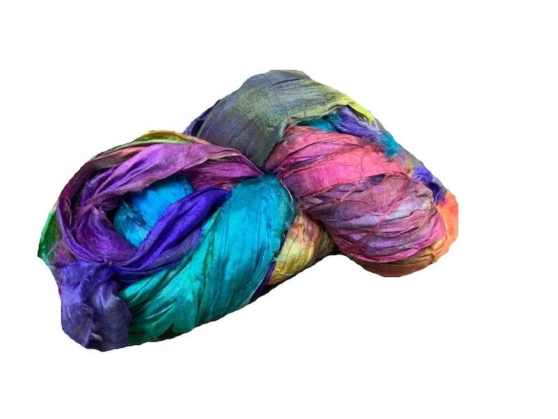 Green Recycled Sari Silk Ribbon Yarn -Yellow Silk Strips -50 GMS Pink Blue Boho Ribbon Great for Necklaces Rug making Jewelery