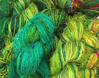 Recycled Sari Silk Yarn- Ocean Of Green Multicolour (100 Grams)