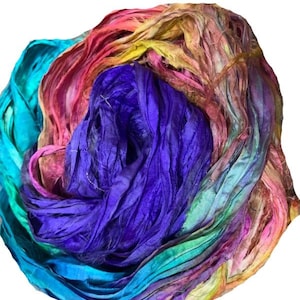 Recycled Sari Seidenbandgarn - Gelb, Pink, Blau, Grün, -50 GMS - Boho Ribbon - Seidenstreifen - ideal für Halsketten, Teppichherstellung, Schmuck