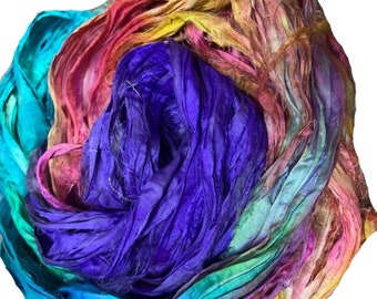 Recycled Sari Silk Ribbon Yarn -Yellow, Pink, Blue, Green, -50 GMS - Boho Ribbon - Silk Strips - Great for Necklaces, Rug making, Jewelery