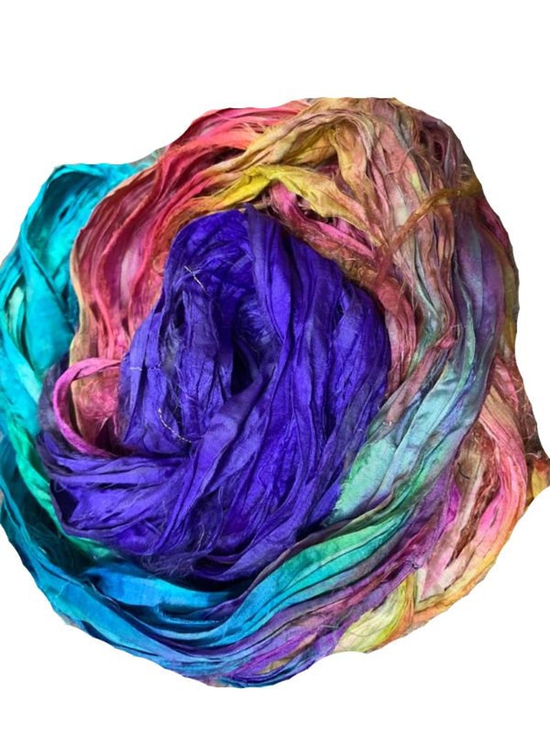 Green Recycled Sari Silk Ribbon Yarn -Yellow Silk Strips -50 GMS Pink Blue Boho Ribbon Great for Necklaces Rug making Jewelery