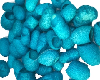 Sky Blue Color - 30 Hand Dyed Silk Cocoons, Silk Cut Cocoons, Mulberry Silk Fibres –Pack of 30 | Mawata hankies, spinning, jewelry AQUA BLUE