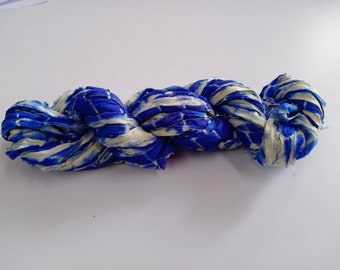 Sari Silk Ribbon super bulky yarn -Blue, White  - Sari Silk Ribbons - Silk Strips - Great for Mixed Media, Rug making, Jewellery | 30+ yards