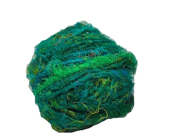 Recycled Sari Silk Bulky Yarn - Ocean of Green (100 GMS) - handspun yarn, ethical yarn, for jewelry making, arts and crafts, fair trade yarn