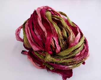 Sari Silk Ribbon hilo súper voluminoso -Marron Pink -Sari Silk Ribbons - Tiras de seda - Ideal para medios mixtos, fabricación de alfombras, joyería / más de 25 yardas