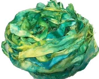 Recycled Sari Silk Ribbon: Green & Yellow Boho Yarn (25+ Yards)