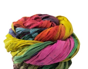 Knitsilk – Nastri Di Seta Sari Riciclata – Multicolore, Dipinti A Mano, Shibori – 50g Per Progetti Creativi