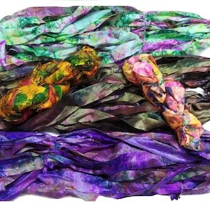 Recycled Sari Silk Ribbon (Pack of 3) Assorted Ribbon Yarns - Sari Silk Ribbons - Silk Strips - For Mixed Media, Rug making, Jewellery