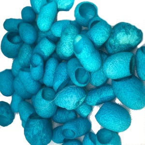May include: A collection of numerous bright turquoise silk cocoons, each featuring a distinct oval shape with a hollow opening at one end. The surface of these natural fibre cocoons displays a textured, fibrous appearance with a vibrant blue hue.