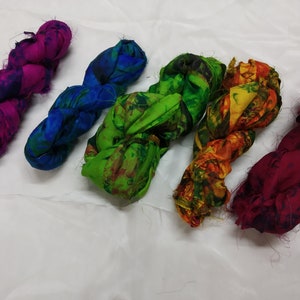 Recycled Sari Silk Ribbon (Pack of 5) Assorted Ribbon Yarns - Sari Silk Ribbons - Silk Strips - For Mixed Media, Rug making, Jewellery