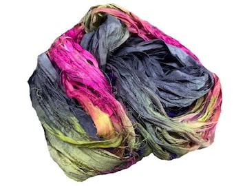 Recycled Sari Silk Ribbon Yarn: Green, Pink, Grey, Yellow, Hand-Dyed (50 GMS)
