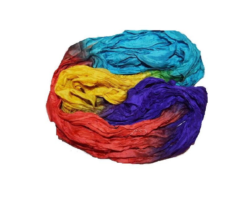 Jewellery 30+ yards Rug making Recycled Sari Silk Ribbon Great for Mixed Media Rainbow color Yarn Silk Strips Sari Silk Ribbons
