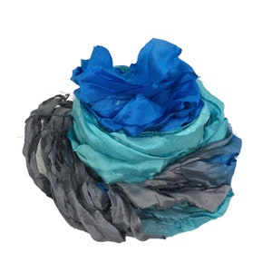 Recycled Sari Silk Ribbon - Blue Grey Yarn - Sari Silk Ribbons - Silk Strips - Great for Mixed Media, Rug making, Jewellery | 25+ yards
