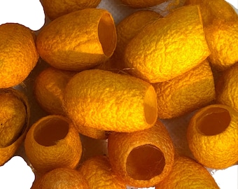 Hand Dyed Silk Cocoons, Silk Cut Cocoons, Mulberry Silk Fibres – Pack of 30 | Mawata hankies, spinning, jewelry Yellow