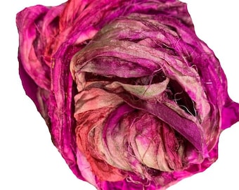 Recycled Sari Silk Ribbon Yarn: Hot Pink Boho Strips (50 GMS)