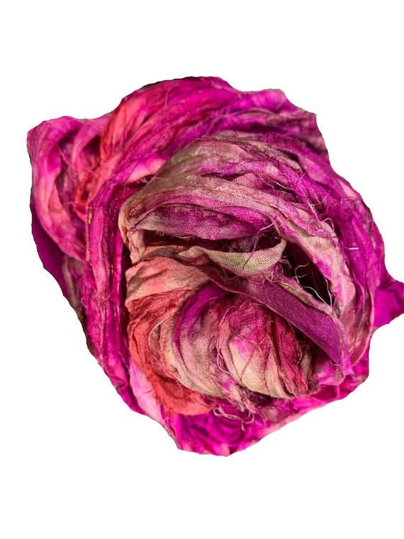 Recycled Sari Silk Ribbon Yarn Hot Pink Mix Shaded 50 GMS Boho Ribbon Silk  Strips Great for Necklaces, Rug Making, Jewelery 