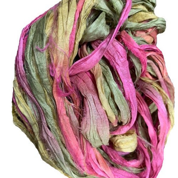 Recycled Sari Silk Ribbon Yarn -Pink ,Green, Yellow shaded -50 GMS - Boho Ribbon - Silk Strips - Great for Necklaces, Rug making, Jewelery