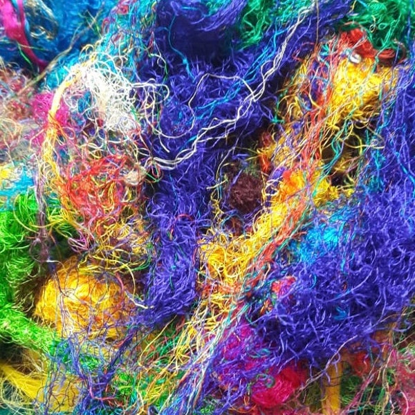 1/2/3/4 oz Sari Silk Yarn Fiber -Sari Waste Threads Mixed Media Felting Spinning Silk Paper Weaving Fiber Textile Art Supply Multicolor