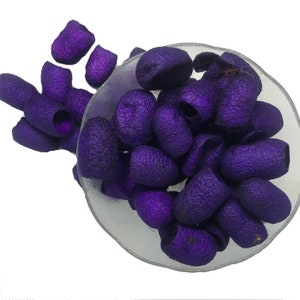 May include: A bowl filled with purple silk cocoons. The cocoons are arranged in a random pattern and are all the same size and shape.