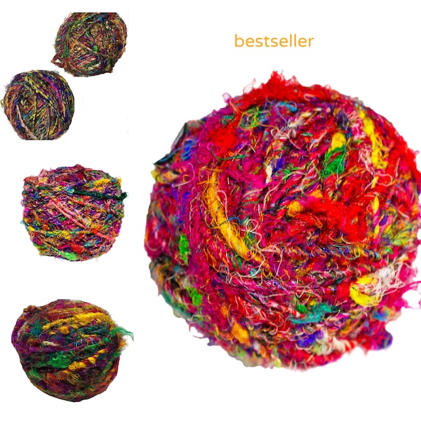 Recyceltes Sari Silk Bulky Yarn Multicolor (100 Gramm) weiches Seidengarn, umweltfreundliches Garn, Strickgarn, Schmuckherstellung, einzigartiges Handwerksbedarf