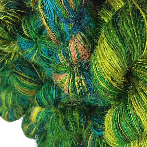 Recycled Sari Silk Yarn- Ocean Of Green Multicolour (100 Grams)