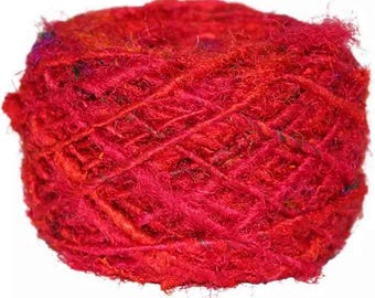 Red Recycled Sari Silk Yarn: Handspun Art Yarn