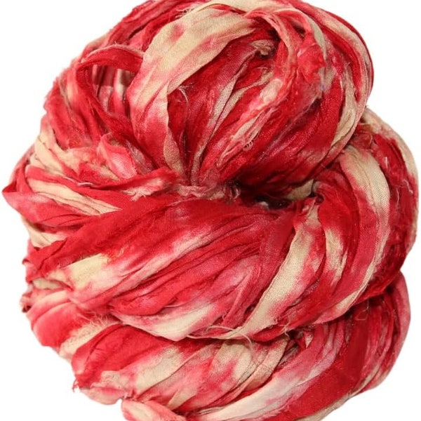 SHIBORI dye | Sari Silk Ribbon super bulky yarn - Plum, Cream- Silk Strips - Great for Mixed Media, Rug making, Jewellery | 30 yards