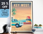 Key West Florida Travel Poster, Vintage Florida Keys USA skyline print, USA sea landscape wall art, tropical surf nature beach home decor