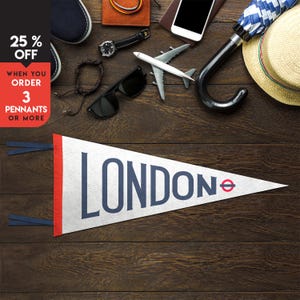 Gagliardetto in feltro Londra, Regno Unito / Gagliardetto in feltro da viaggio / Striscione con bandiera / Vintage retrò / Striscione da parete / Decorazione da parete / Regalo da viaggio