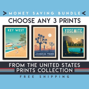 United States Travel Poster | Set of 3 Prints | Landscape Wall Art | Colorful City Illustration | Architecture Beach | Home Decor | Gift