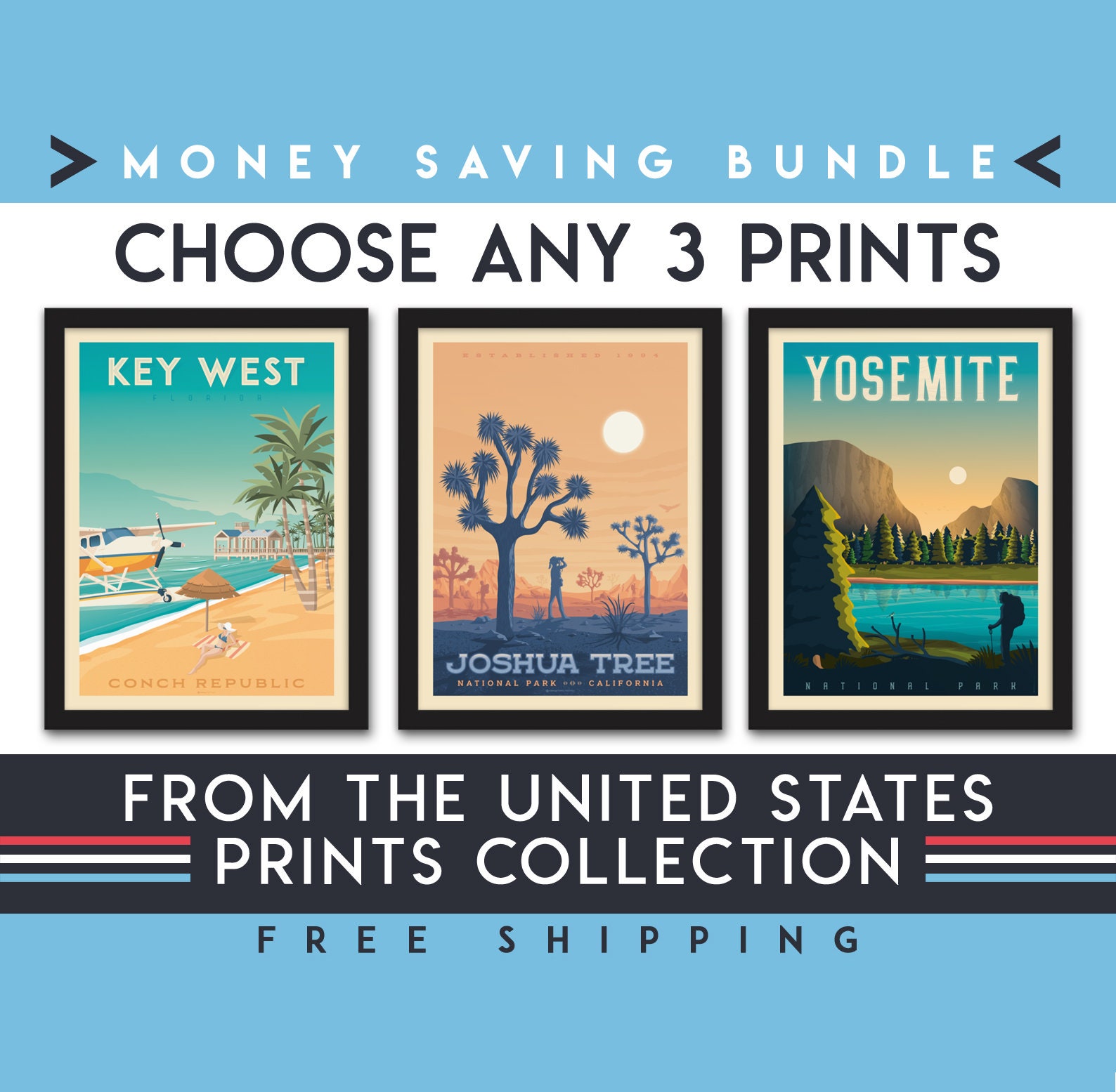 United States Travel Poster | Set of 3 Prints | Landscape Wall Art | Colorful City Illustration | Architecture Beach | Home Decor | Gift