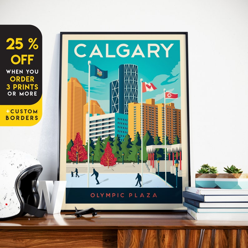 Calgary Print, Alberta Print, Olympic Plaza, City Skyline, Canada Print, Travel Gift, Travel Poster, USA Print, Housewarming, Birthday Gift image 1