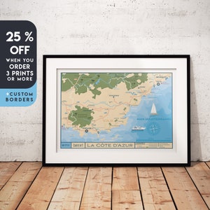 French Riviera Map Travel Print Nice France Home Decor Art Print Wall Art French Riviera Travel Gift Wall Hanging France Poster