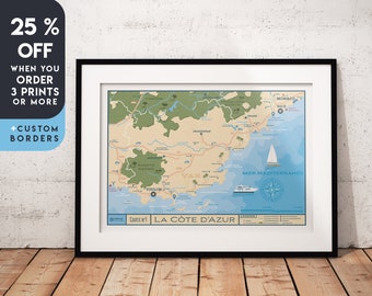 French Riviera Map Travel Print Nice France Home Decor Art Print Wall Art French Riviera Travel Gift Wall Hanging France Poster