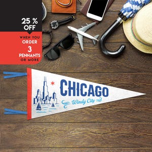 Chicago Illinois Felt Pennant Flag | Vintage Windy City Flag | Lake Michigan Banner | Wall Art | Chicago Travel Souvenir | Memorabilia