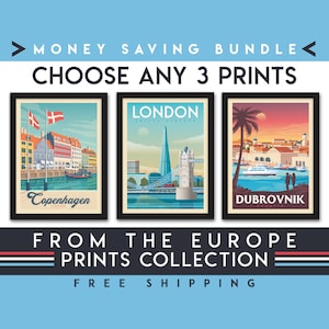 Europe Travel Poster | Set of 3 Prints | Minimalist Landscape Wall Art | City Skyline | Money Saving Bundle | Home Decor | Gift