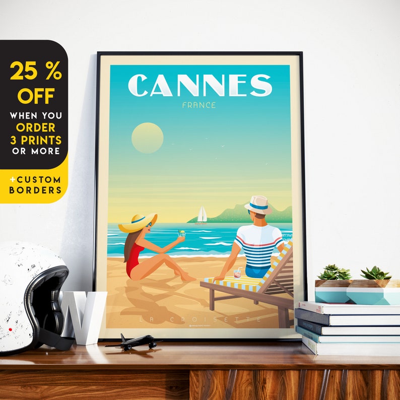 Cannes Print, France Print, Beach Print, French Riviera Print, Europe Travel Gift, Wall Decor, Travel Poster, Housewarming, Birthday Gift image 1