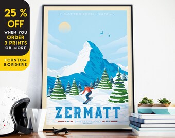 Switzerland Art Print, Mountain Wall Art, Swiss Alps Poster, Matterhorn Print, Ski Print, Travel Poster, Travel Gift, Housewarming Gift