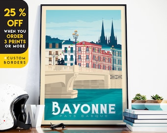 Bayonne France Print, Vintage Bayonne Travel Poster, Basque Country Art, city skyline print, France wall art, home decoration, gift idea