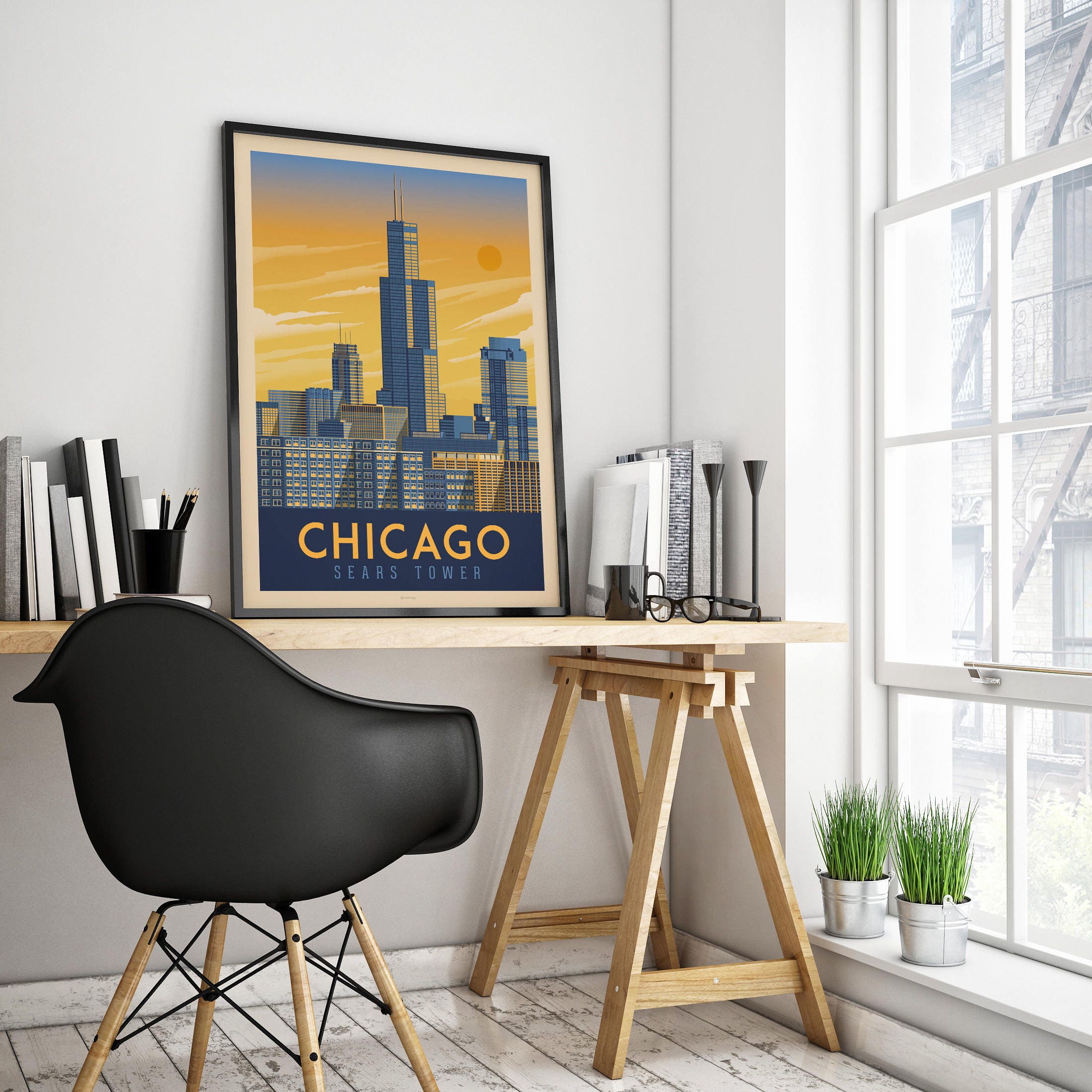 Chicago Illinois Vintage Travel Poster Framed Wall Art Print Chicago Illinois Vintage Travel Poster