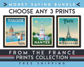 France Travel Poster | Set of 3 Prints | Minimalist Landscape Wall Art | City Skyline | Money Saving Bundle | Home Decor | Gift