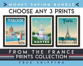 Reisposter Frankrijk | Set van 3 prints | Minimalistische landschapsmuurkunst | Skyline van de stad | Geldbesparende bundel | Woondecoraties | Cadeau