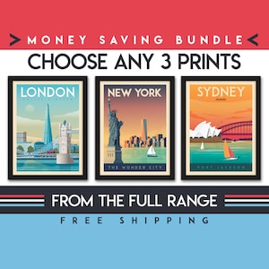Travel Poster Set of 3 Prints Minimalist Landscape Wall Art Vintage City Skyline Wall Art Money Saving Bundle Home Decor Gift image 1