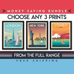 Travel Poster Set of 3 Prints Minimalist Landscape Wall Art Vintage City Skyline Wall Art Money Saving Bundle Home Decor Gift image 1