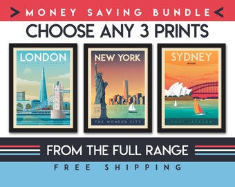 Travel Poster | Set of 3 Prints | Minimalist Landscape Wall Art | Vintage City Skyline Wall Art | Money Saving Bundle | Home Decor | Gift