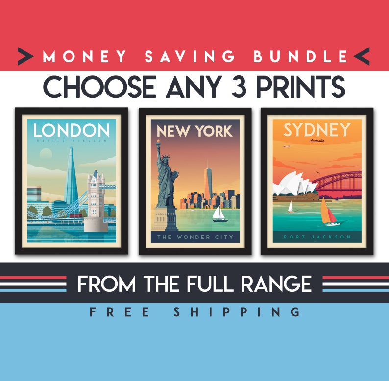 Travel Poster Set of 3 Prints Minimalist Landscape Wall Art Vintage City Skyline Wall Art Money Saving Bundle Home Decor Gift image 1