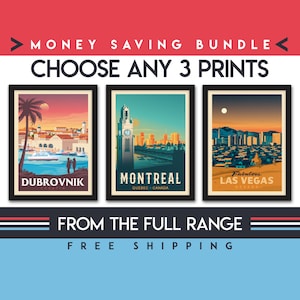 Travel Poster | Set of 3 Prints | Minimalist Landscape Wall Art | Vintage City Skyline Wall Art | Beach Tropical Surf | Home Decor | Gift