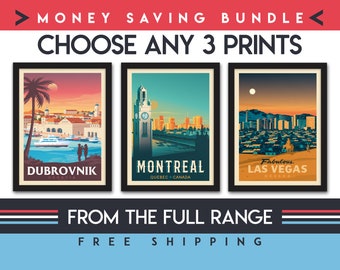 Travel Poster | Set of 3 Prints | Minimalist Landscape Wall Art | Vintage City Skyline Wall Art | Beach Tropical Surf | Home Decor | Gift