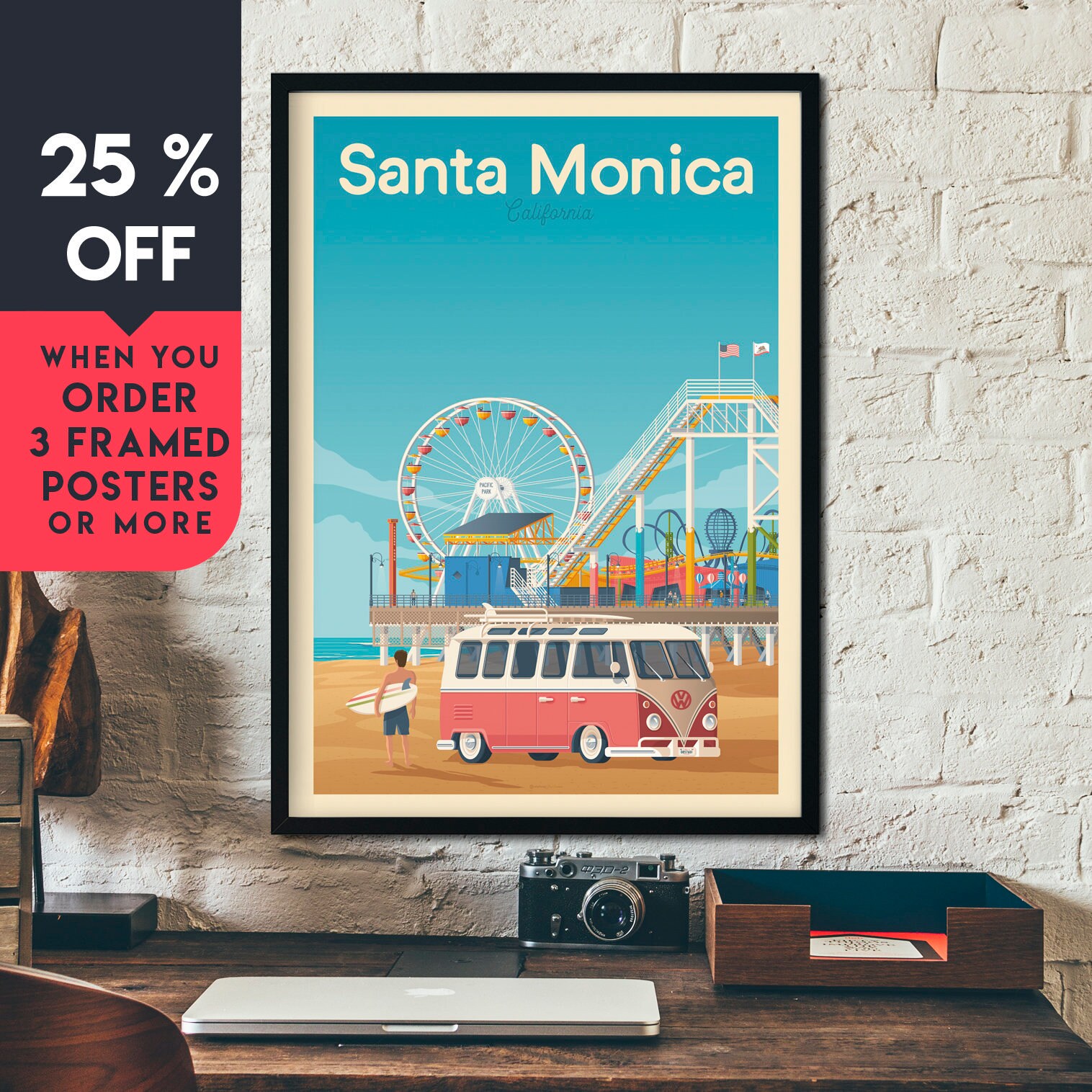 Santa Monica Vintage Travel Poster Framed Wall Art Print